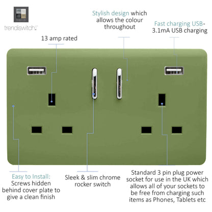 Trendi 2 Gang Artistic Modern Glossy 13 Amp 2 x 3.1mA USB Switched Plug Socket Moss Green