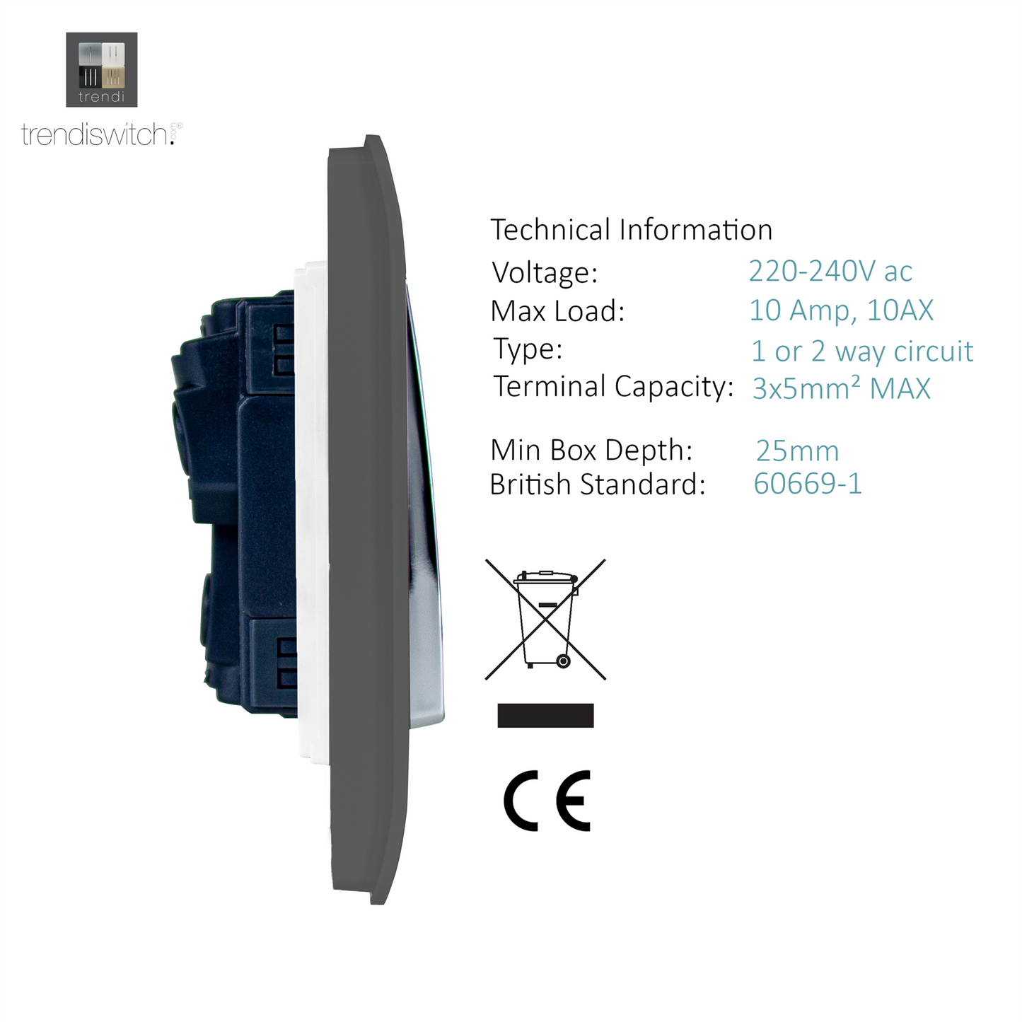 Trendi 1 Gang 2 Way 240V Screwless Raised Front Plate Plastic Artistic Modern Glossy 10 Amp Chrome Rocker Single Electrical Wall Light Switch in Charcoal Grey