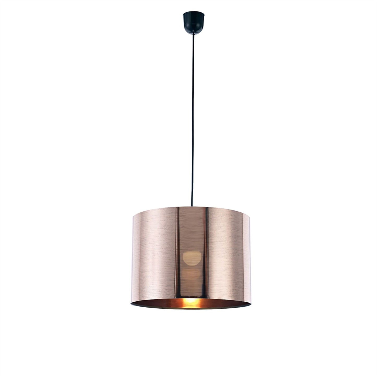 Deco Dako Black Pendant 1 Light E27 with 350 x 250mm Metallic Copper Finish Cylinder Shade, c/w Ceiling Bracket