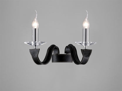 Diyas Nardini Wall Light 2 Light E14 Polished Chrome/Black Faux Leather/Crystal