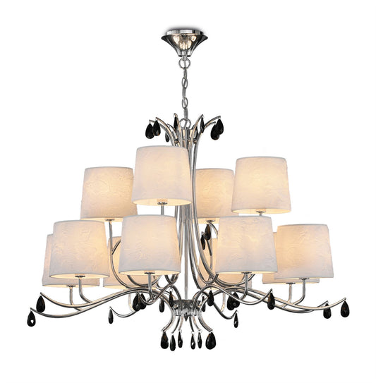 Mantra M6310 Andrea Pendant 100cm Round, 8+4 x E14 (Max 20W), Polished Chrome, White Shades, Black Crystal Droplets