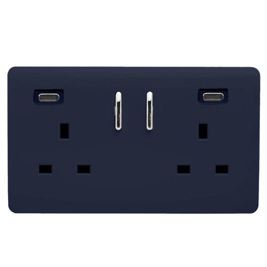 Navy Blue Screwless 2 Gang Switched Double Socket 13A With 2 x USB-C 65W (Shared), (35mm Back Box Req.), 10yrs Warranty