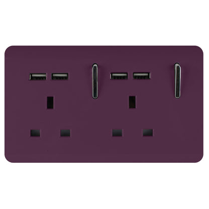 Trendi 2 Gang Artistic Modern Glossy 13 Amp 4x2.1mA USB Switched Tactile Plug Socket Plum