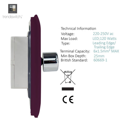 Trendi 1 Gang 2 Way 240V 100w LED Dimmer Screwless Raised Front Plate Plastic Artistic Modern Glossy 10 Amp Chrome Single Electrical Wall Light Switch in Plum Purple - ART-LDMPL