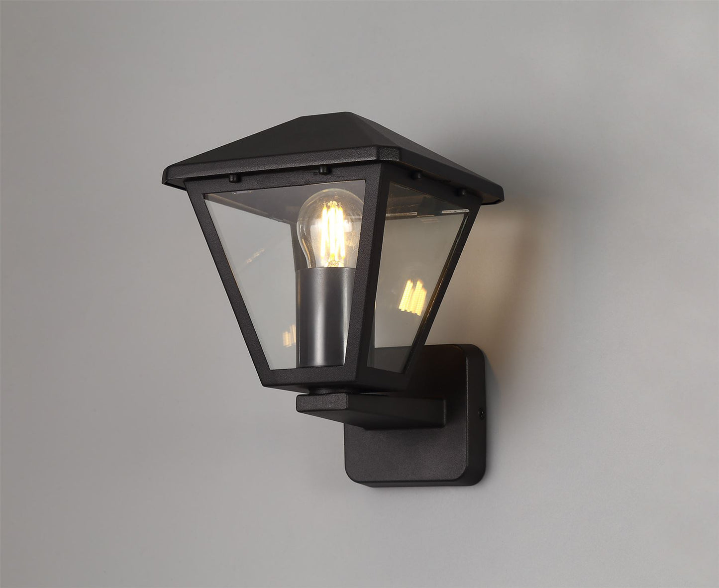 Deco Luqi Upward Wall Light, 1 x E27, IP44, Black/Clear Glass, 2yrs Warranty