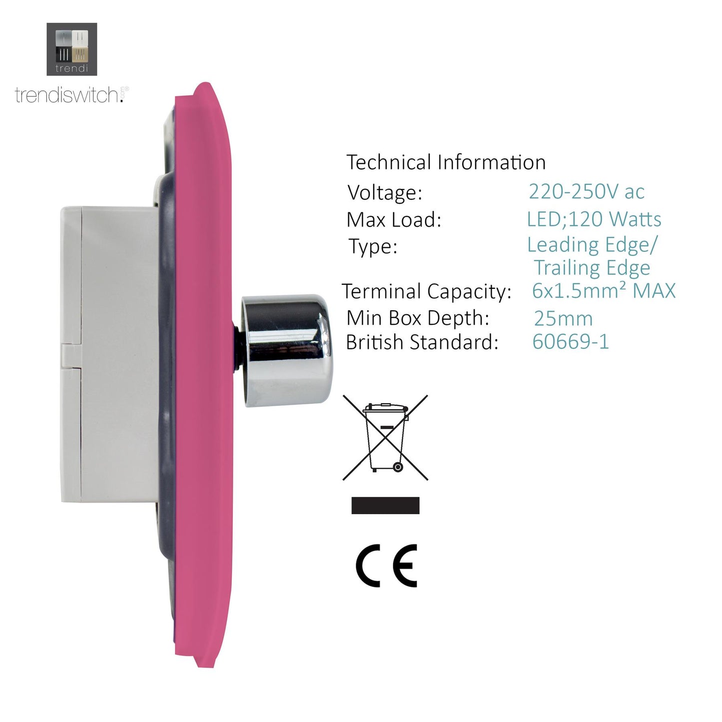 Trendi 4 Gang 2 Way 240V 100w LED Dimmer Screwless Raised Front Plate Plastic Artistic Modern Glossy 10 Amp Chrome Single Electrical Wall Light Switch in Candy Pink - ART-4LDMPK