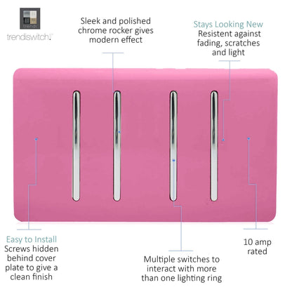 Trendi 4 Gang 3 Way Intermediate Artistic Modern Glossy 10 Amp Rocker Light Switch Pink