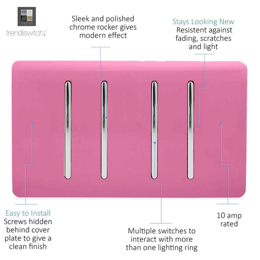 Trendi 4 Gang 3 Way Intermediate Artistic Modern Glossy 10 Amp Rocker Light Switch Pink