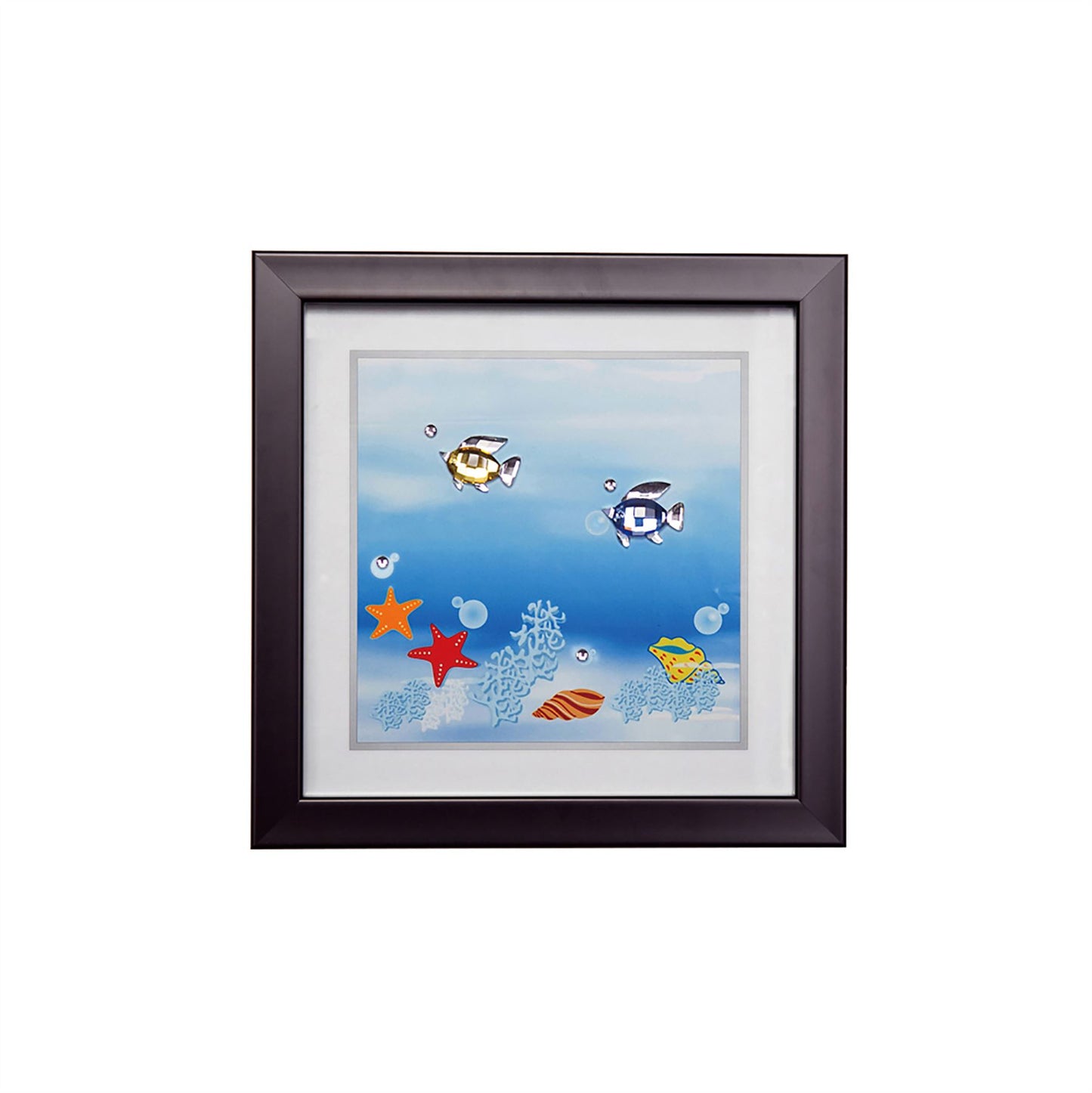Diyas Home Crystal Wall Art (DH) Aqua Swimming Fish, Black Frame, Amber, Blue, Clear Crystal Framed