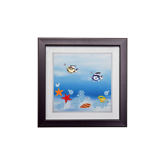 Diyas Home Crystal Wall Art (DH) Aqua Swimming Fish, Black Frame, Amber, Blue, Clear Crystal Framed
