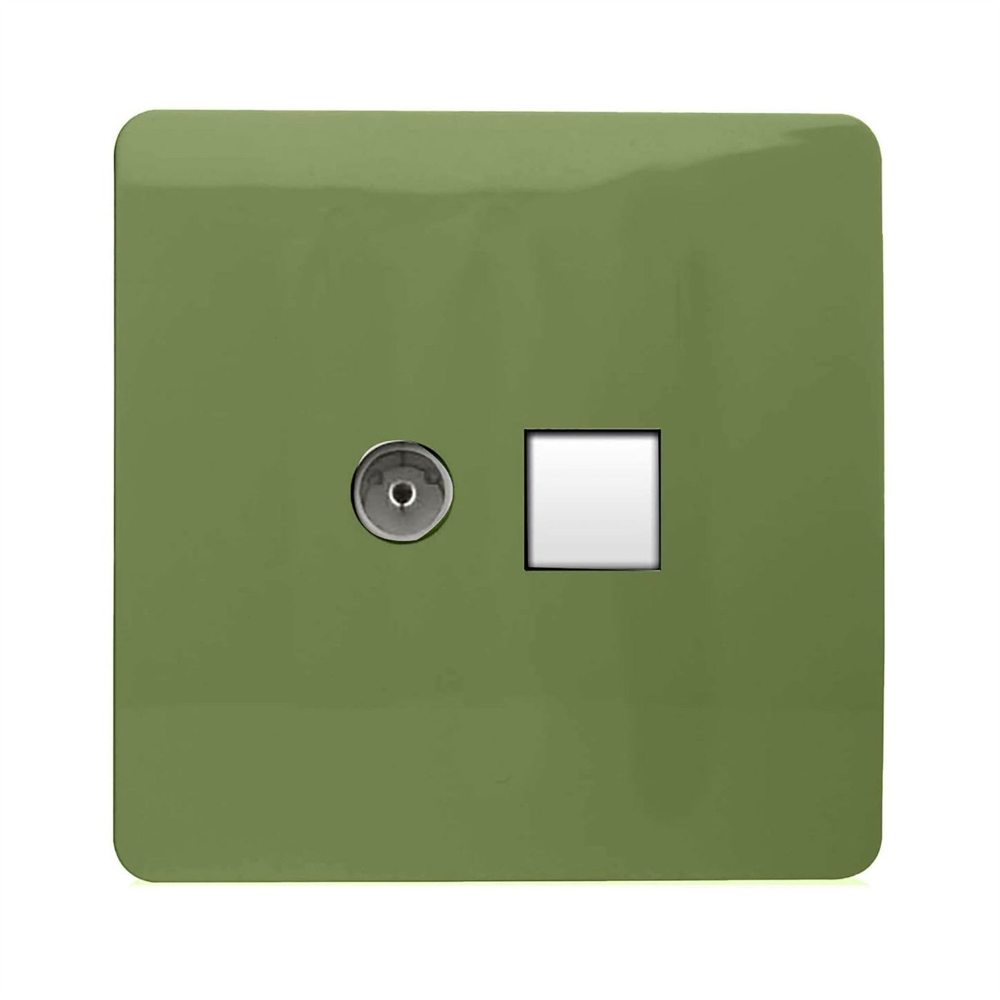 Trendi Artistic Modern Glossy Tactile TV Co-axial Socket + Telephone Socket Moss Green