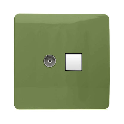 Trendi Artistic Modern Glossy Tactile TV Co-axial Socket + Telephone Socket Moss Green