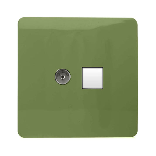 Trendi Artistic Modern Glossy Tactile TV Co-axial Socket + Telephone Socket Moss Green