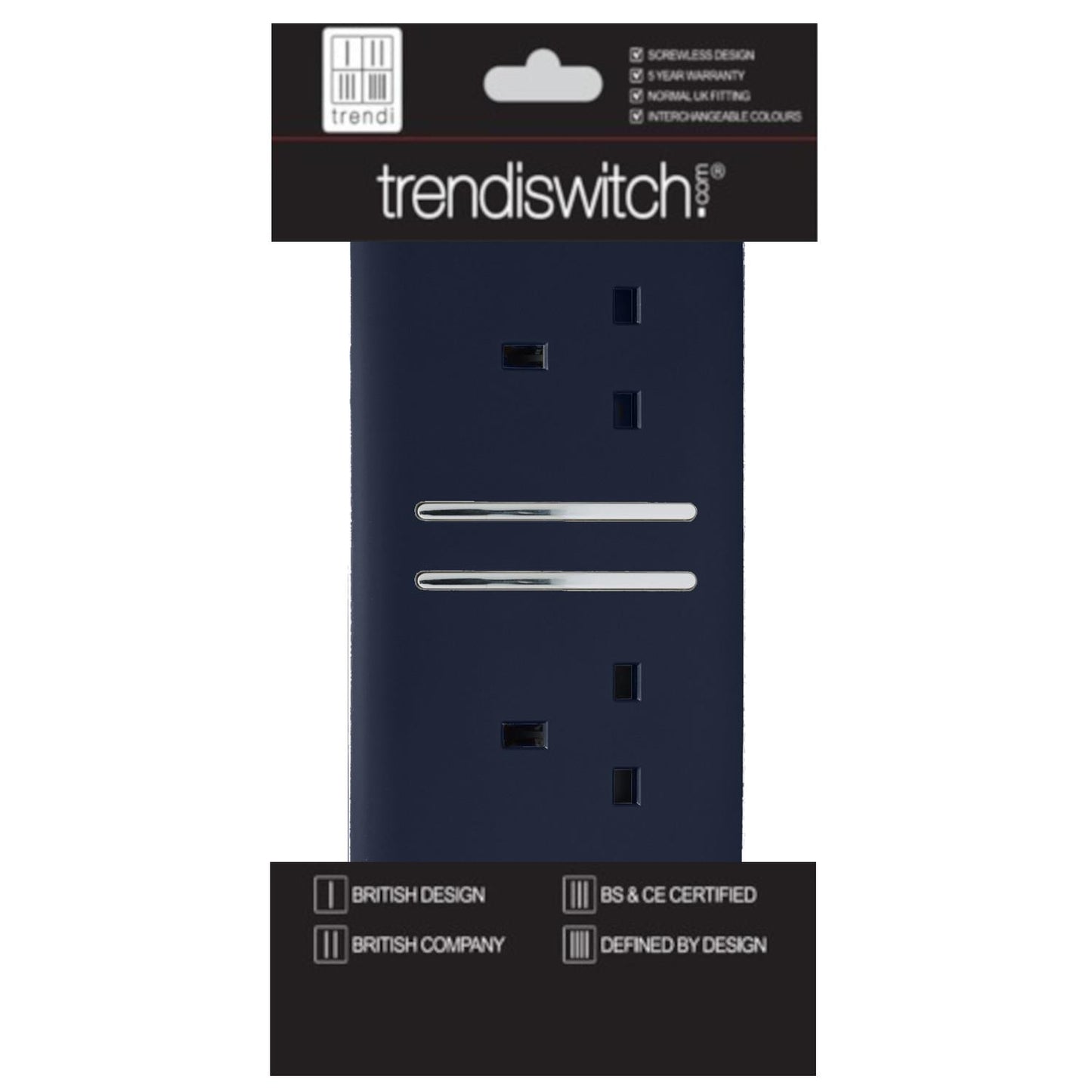 Trendi 2 Gang Artistic Modern Glossy 13 Amp Switched Tactile Plug Socket Navy (7 Pack)