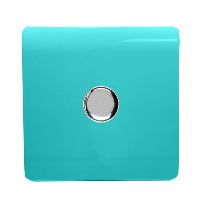 Trendi 1 Gang 2 Way 240V 100w LED Dimmer Screwless Raised Front Plate Plastic Artistic Modern Glossy 10 Amp Chrome Single Electrical Wall Light Switch in Bright Teal - ART-LDMBT