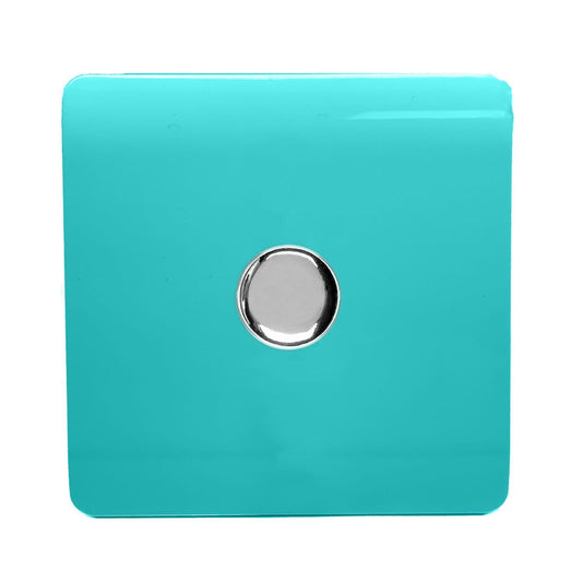 Trendi 1 Gang 2 Way 240V 100w LED Dimmer Screwless Raised Front Plate Plastic Artistic Modern Glossy 10 Amp Chrome Single Electrical Wall Light Switch in Bright Teal - ART-LDMBT