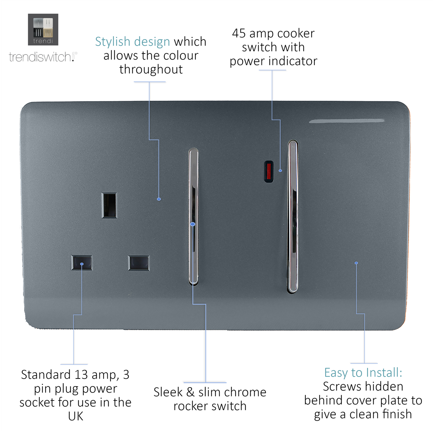 Trendi Artistic Modern Glossy 45 A Cooker Switch & Plug Socket Inc Neon Insert Warm Grey