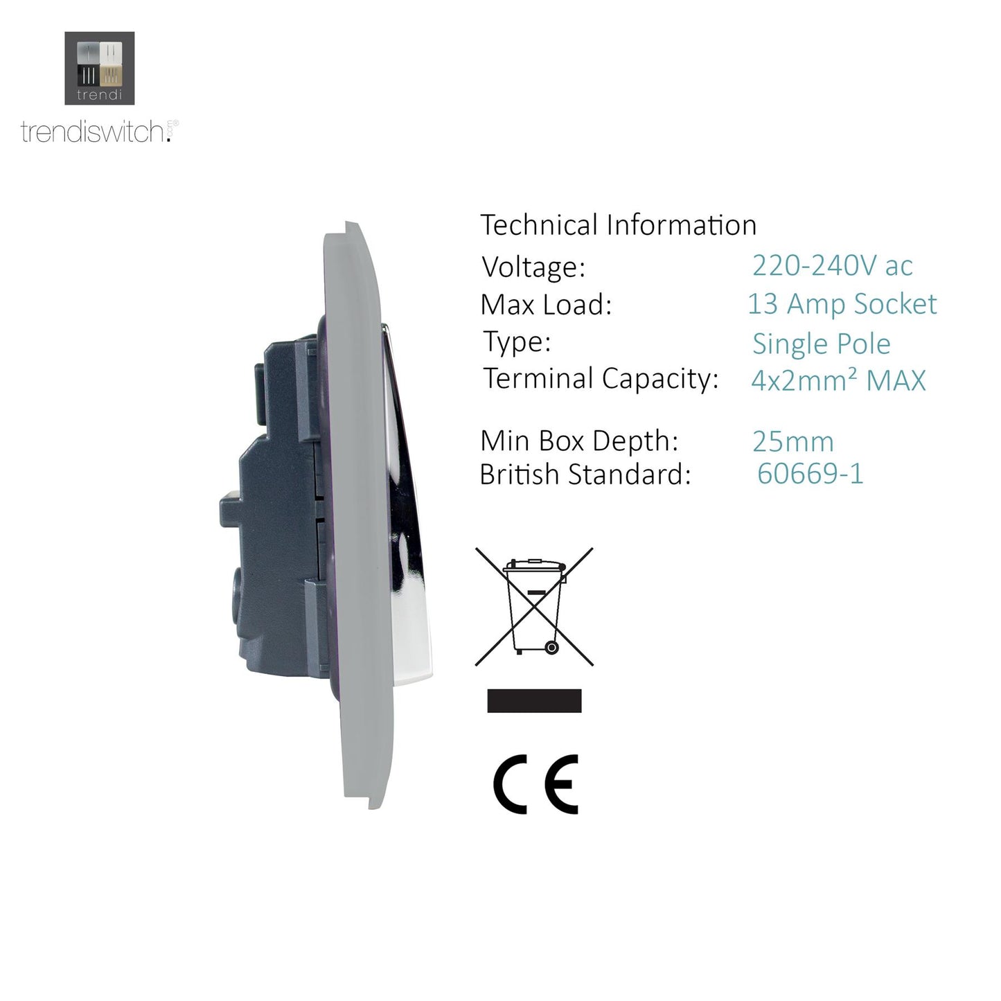 Trendi 2 Gang Artistic Modern Glossy 13 Amp Long Switched Tactile Plug Socket Stainless Steel (3 Pack)