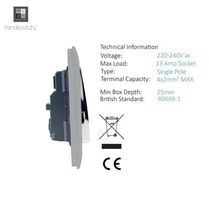Trendi 2 Gang Artistic Modern Glossy 13 Amp Long Switched Tactile Plug Socket Stainless Steel (3 Pack)