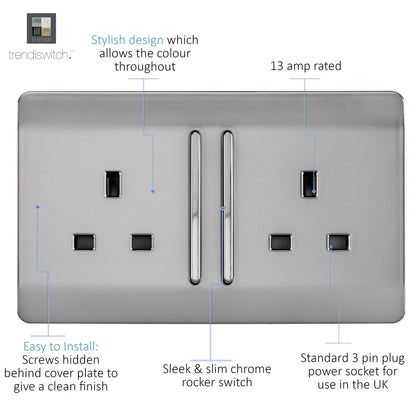 Trendi 2 Gang Artistic Modern Glossy 13 Amp Long Switched Plug Socket Stainless Steel (5 Pack)