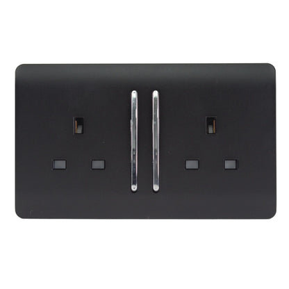 Trendi 2 Gang Artistic Modern Glossy 13 Amp Switched Tactile Plug Socket Matt Black (3 Pack)