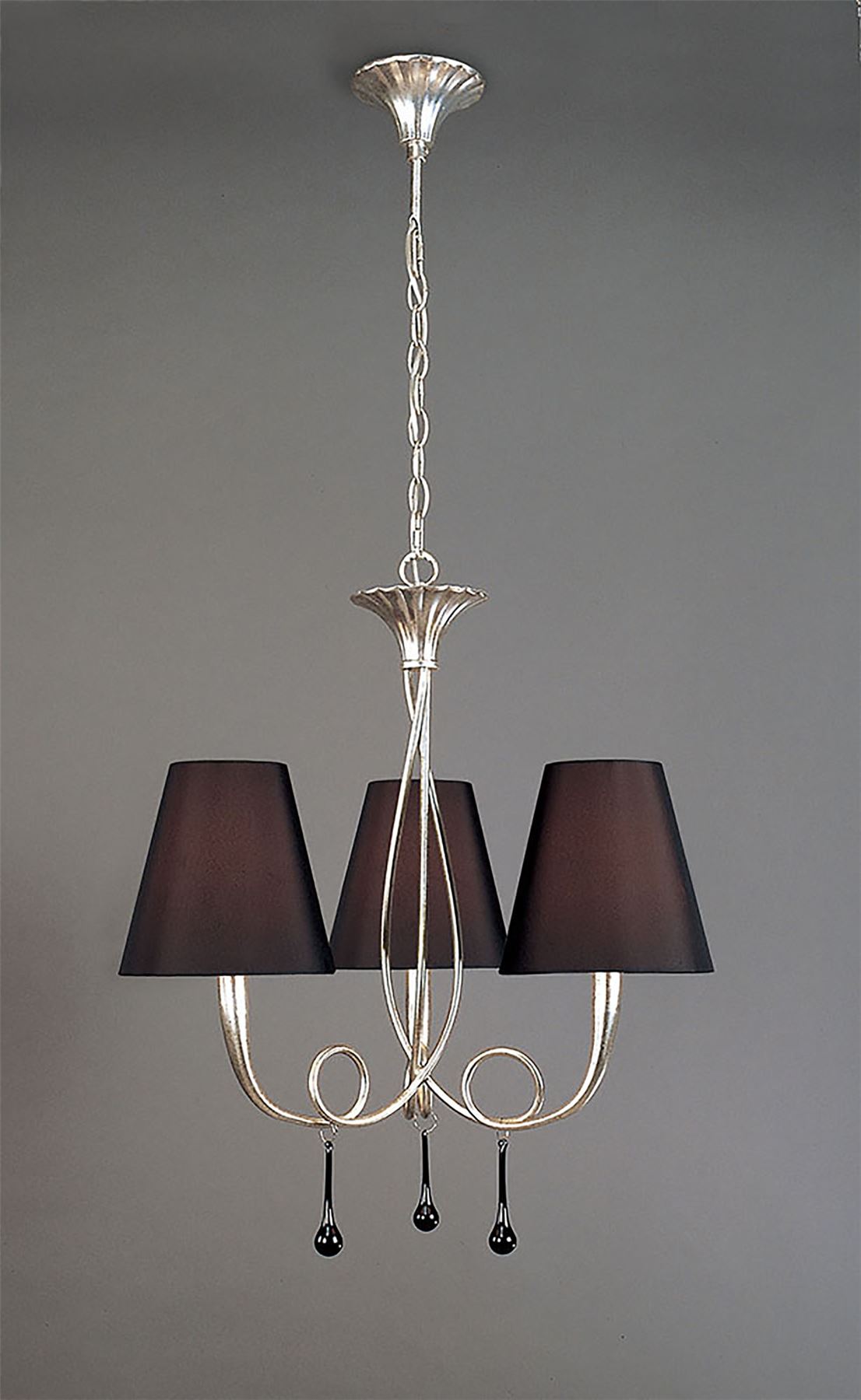 Mantra M0532 Paola Pendant 3 Light E14, Silver Painted with Black Shades & Black Glass Droplets