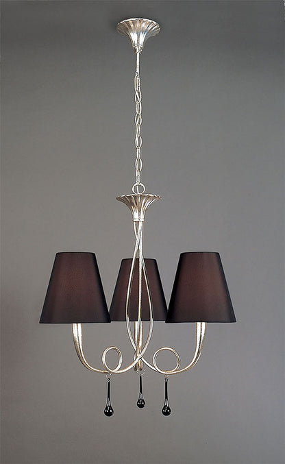 Mantra M0532 Paola Pendant 3 Light E14, Silver Painted with Black Shades & Black Glass Droplets