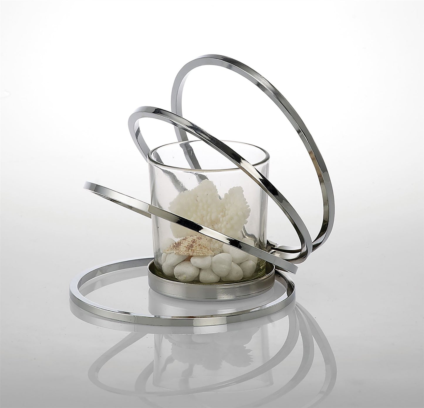 Diyas Home (DH) Oreo Candle Holder 4 Ring Small Polished Chrome/Clear Glass Art