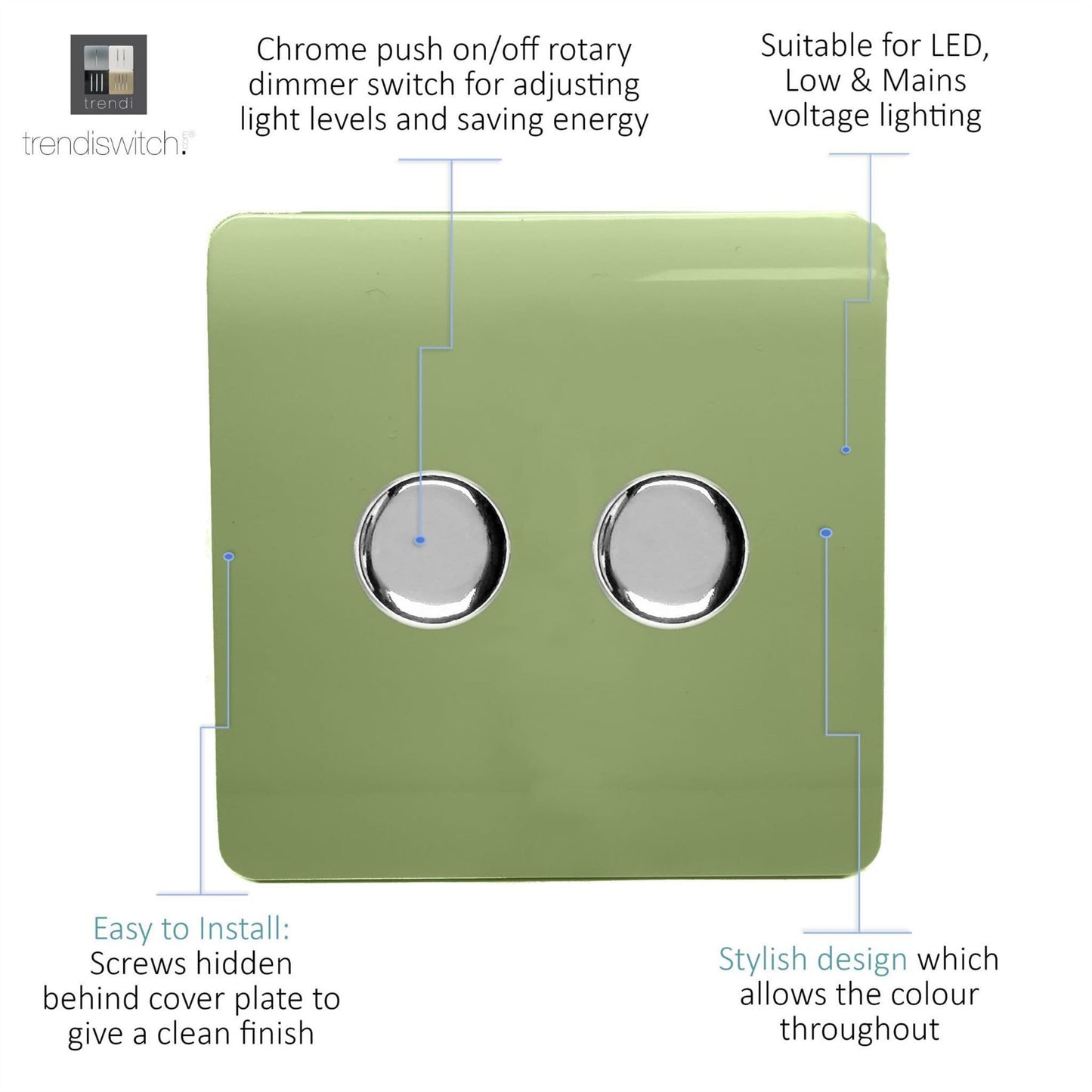 Trendi 2 Gang 2 Way 240V 100w LED Dimmer Screwless Raised Front Plate Plastic Artistic Modern Glossy 10 Amp Chrome Single Electrical Wall Light Switch in Moss Green - ART-2LDMMG
