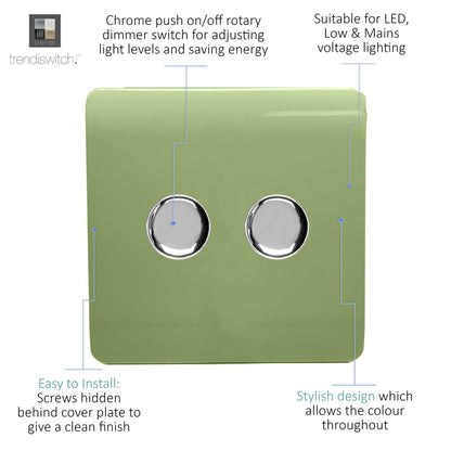 Trendi 2 Gang 2 Way 240V 100w LED Dimmer Screwless Raised Front Plate Plastic Artistic Modern Glossy 10 Amp Chrome Single Electrical Wall Light Switch in Moss Green - ART-2LDMMG