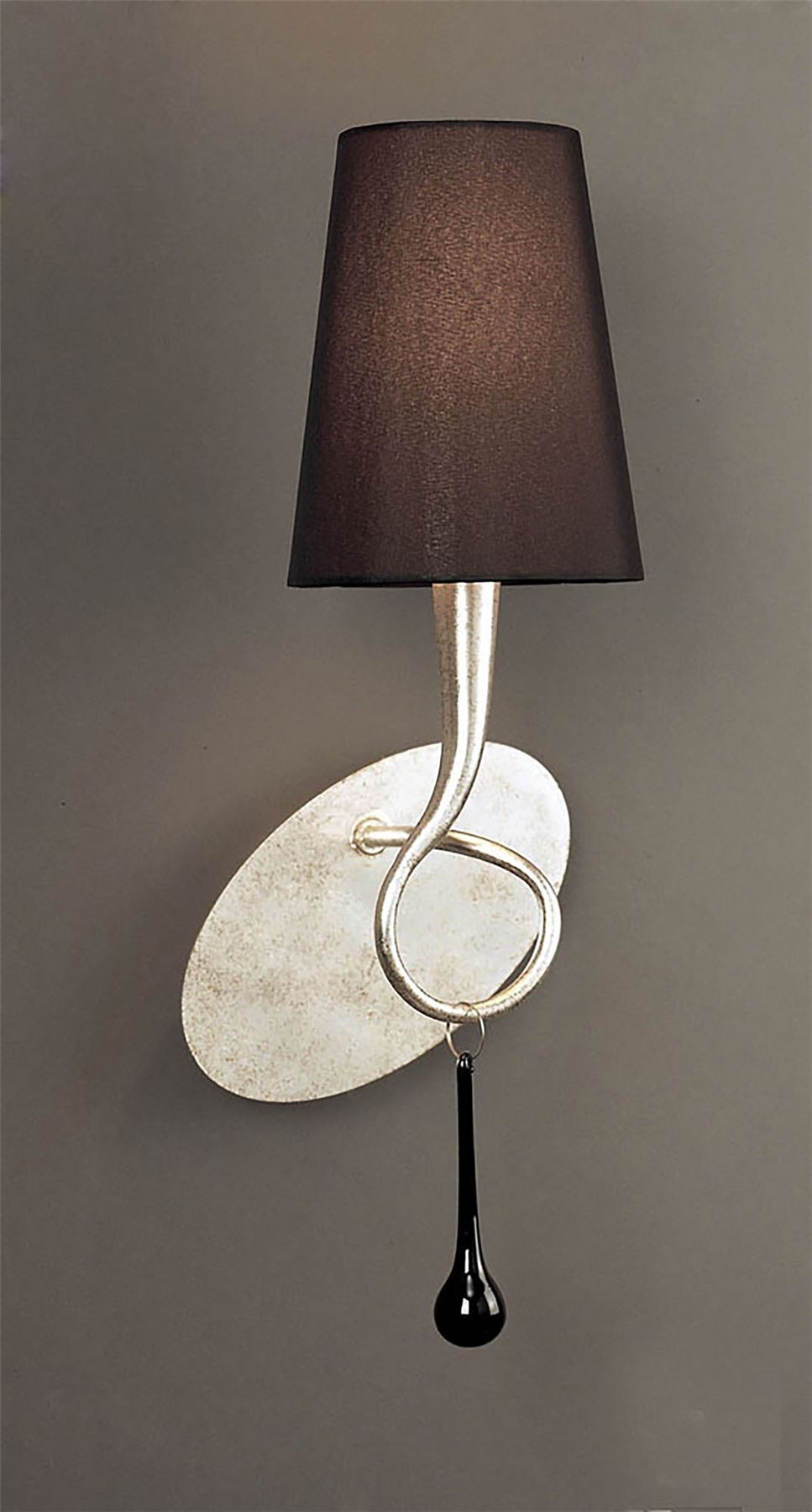 Mantra M0538/S Paola Wall Light Switched 1 Light E14, Silver Painted with Black Shade & Black Glass Droplets - M0538/S