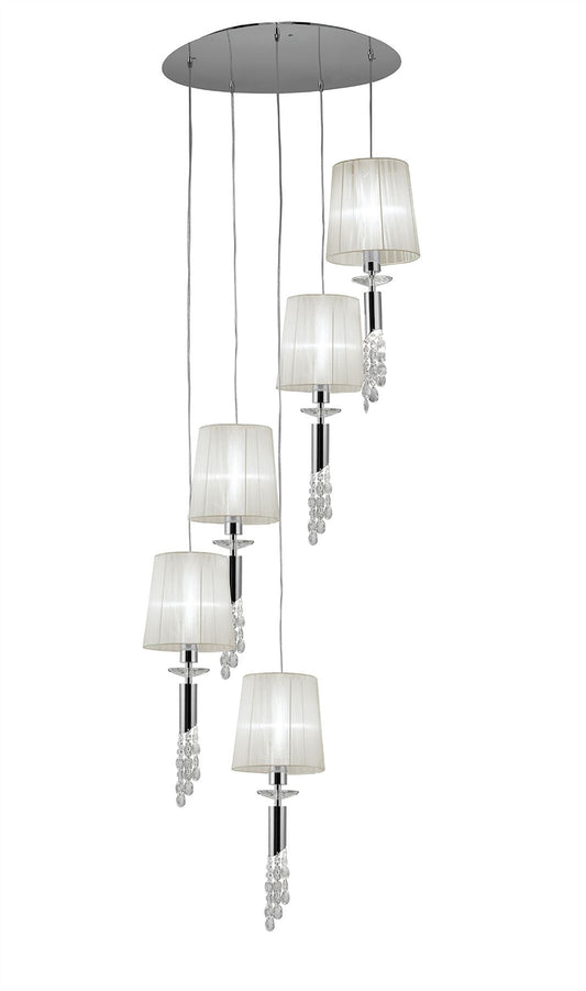 Mantra M3857 Tiffany Pendant 5+5 Light E27+G9 Spiral, Polished Chrome with White Shades & Clear Crystal