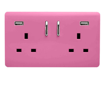 Trendi 2 Gang Artistic Modern Glossy 13 Amp 2 x 3.1mA USB Switched Plug Socket Pink