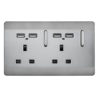 Trendi 2 Gang Artistic Modern 13 Amp 4 x 2.1mA USB Switched Tactile Plug Socket Stainless Steel