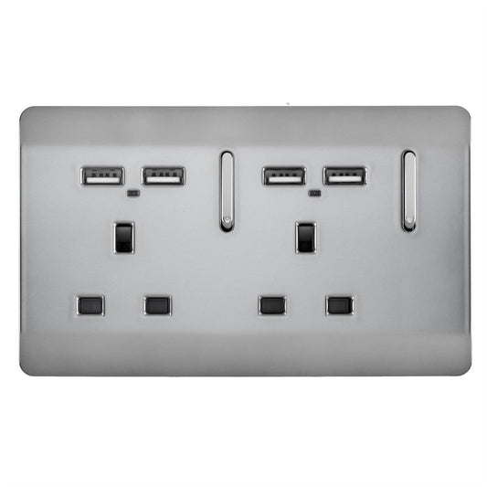 Trendi 2 Gang Artistic Modern 13 Amp 4 x 2.1mA USB Switched Tactile Plug Socket Stainless Steel