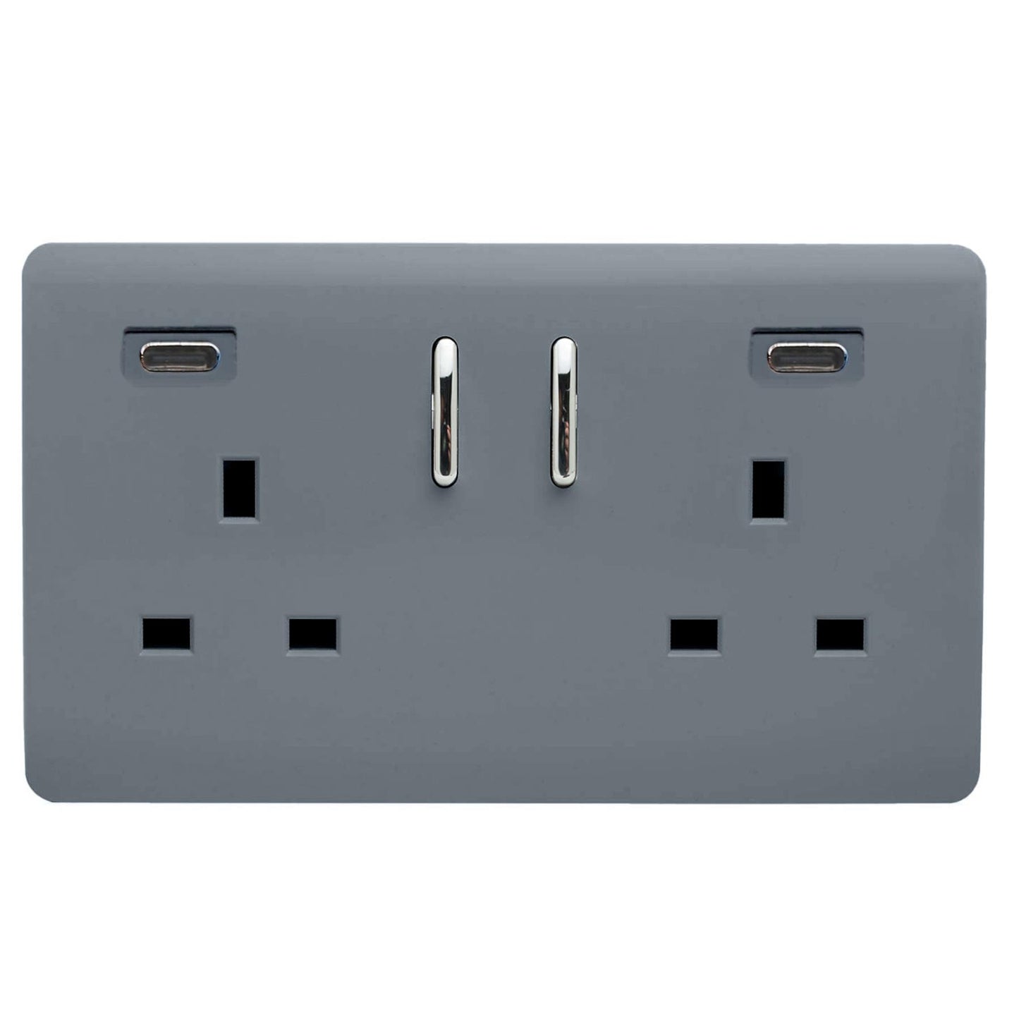 Warm Grey Screwless 2 Gang Switched Double Socket 13A With 2 x USB-C 24W (Shared), (35mm Back Box Req.), 10yrs Warranty