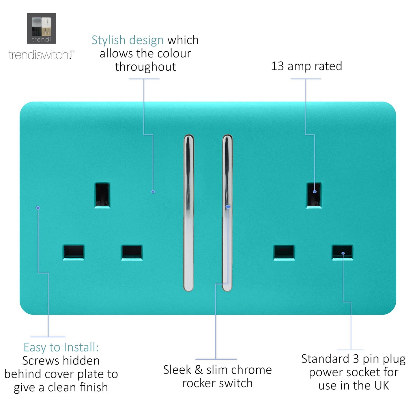 Trendi 2 Gang Artistic Modern Glossy 13 Amp Switched  Plug Socket Bright Teal (3 Pack)