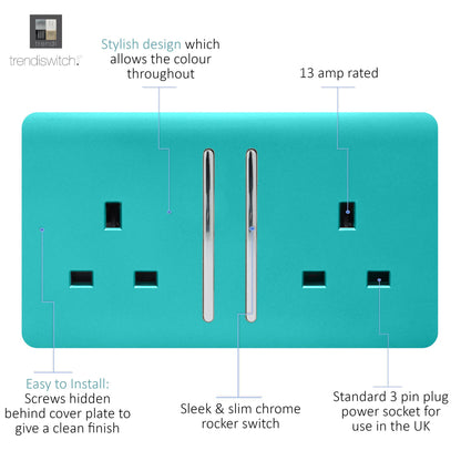Trendi 2 Gang Artistic Modern Glossy 13 Amp Switched  Plug Socket Bright Teal (3 Pack)