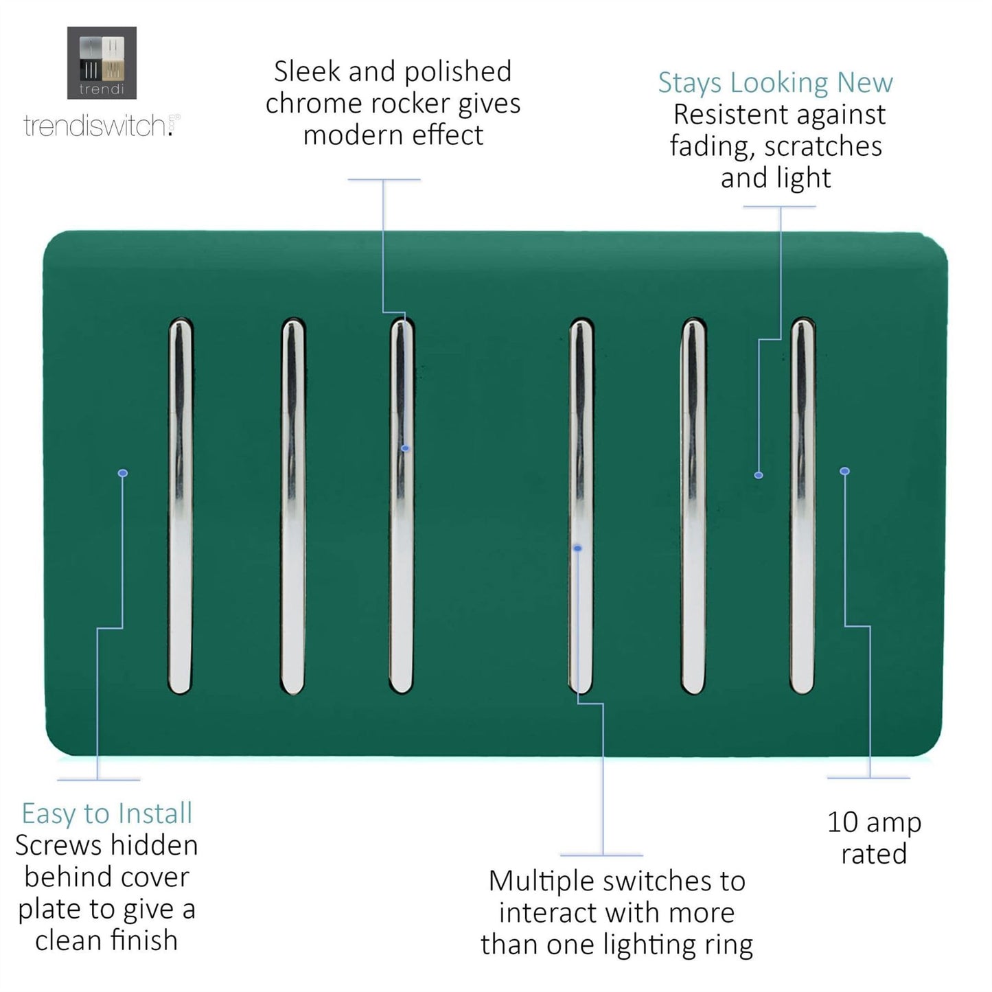 Trendi Artistic Modern Glossy 6 Gang 2 Way Rocker Double Plate Tactile Light Switch Dark Green