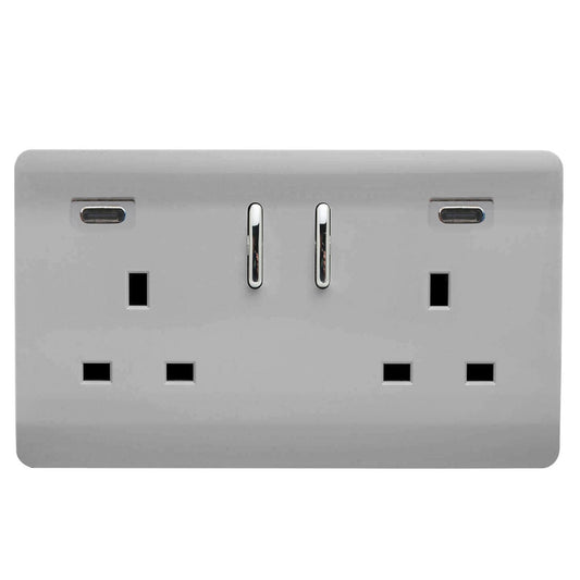 Brushed Steel Screwless 2 Gang Switched Double Socket 13A With 2 x USB-C 45W (Shared), (35mm Back Box Req.), 10yrs Warranty