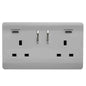 Brushed Steel Screwless 2 Gang Switched Double Socket 13A With 2 x USB-C 45W (Shared), (35mm Back Box Req.), 10yrs Warranty