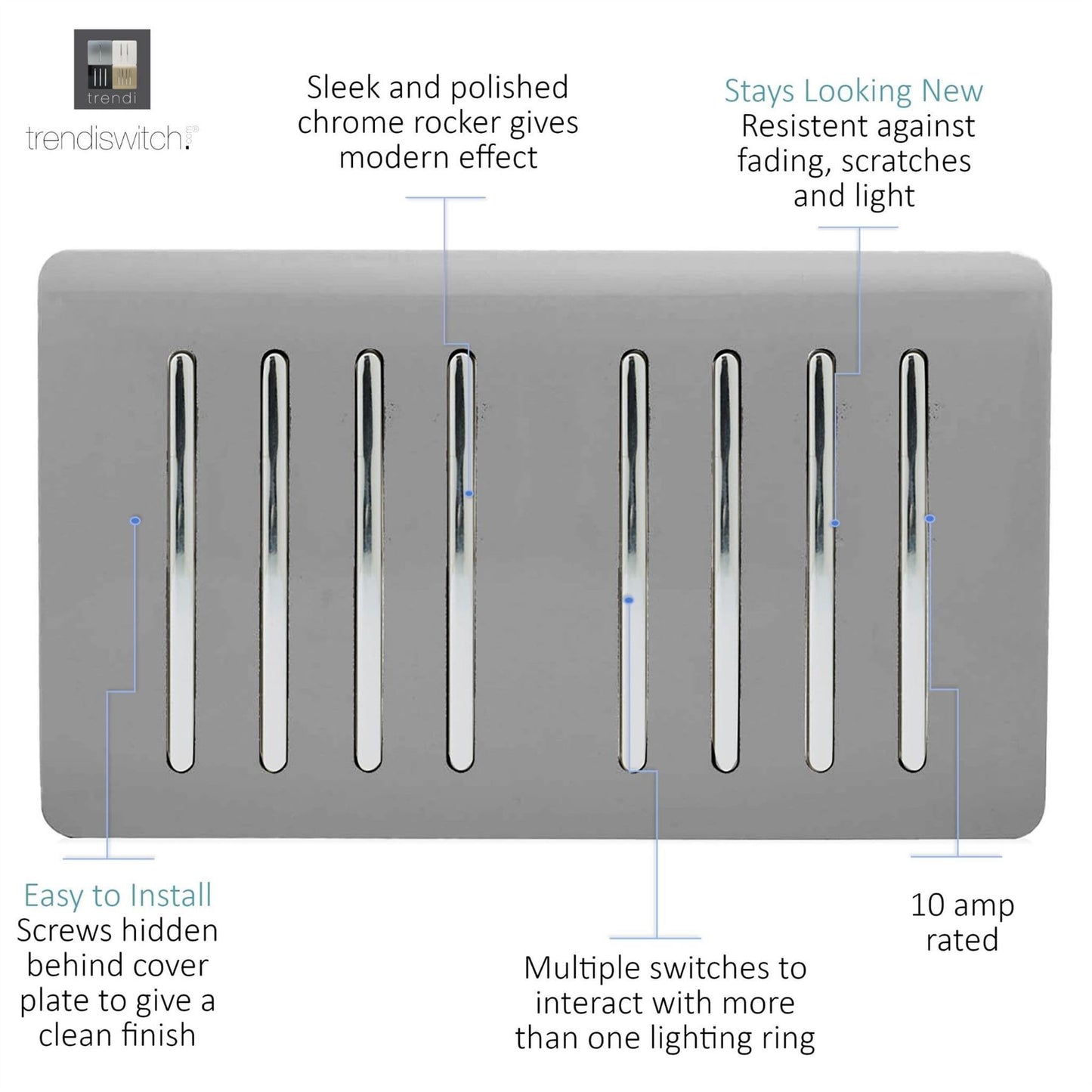 Trendi Artistic Modern Glossy 8 Gang 2 Way Rocker  Double Plate Tactile Light Switch Light Grey