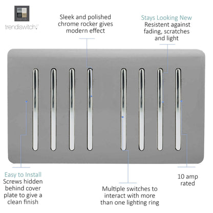 Trendi Artistic Modern Glossy 8 Gang 2 Way Rocker  Double Plate Tactile Light Switch Light Grey