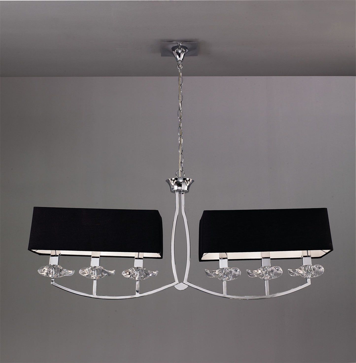 Mantra Akira Linear Pendant 2 Arm 6 Light E14, Polished Chrome with Black Shades