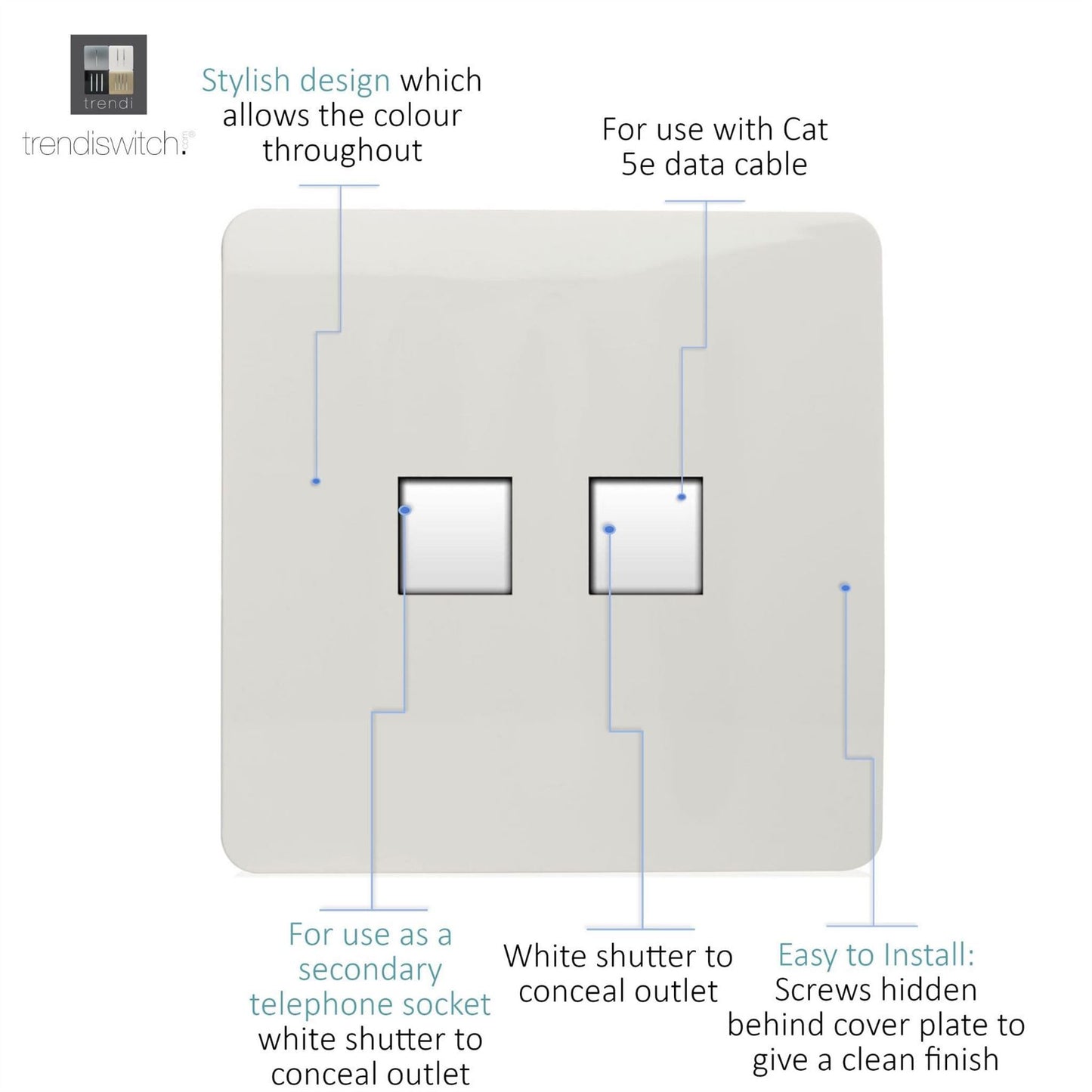 Trendi  Telephone Socket + Cat 5e & Cat 6 RJ45 PC Socket White ART-TLP+PCWH
