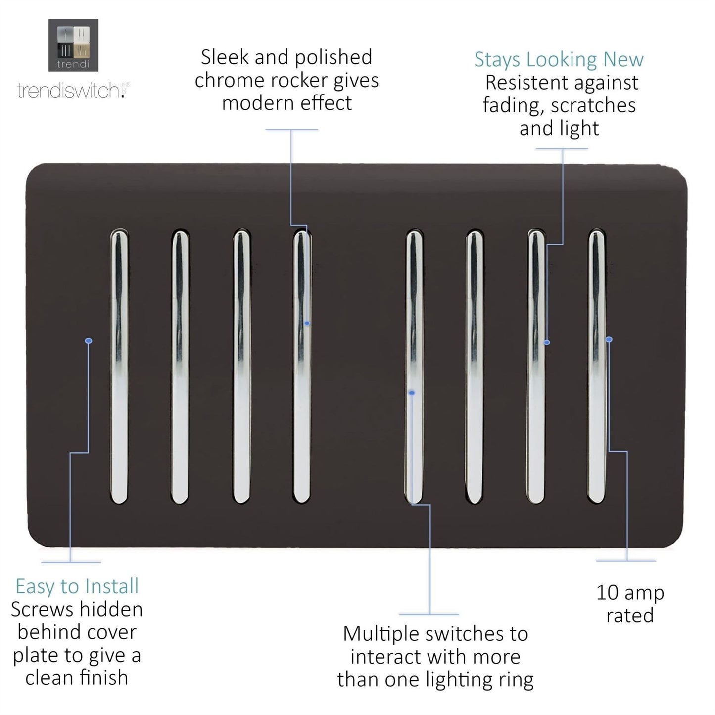 Trendi Artistic Modern Glossy 8 Gang 2 Way Rocker  Double Plate Tactile Light Switch Dark Brown