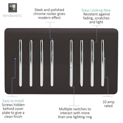 Trendi Artistic Modern Glossy 8 Gang 2 Way Rocker  Double Plate Tactile Light Switch Dark Brown