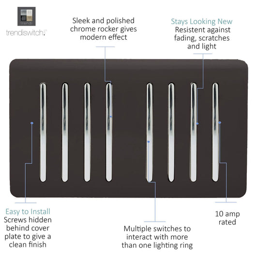 Trendi Artistic Modern Glossy 8 Gang 2 Way Rocker  Double Plate Tactile Light Switch Dark Brown