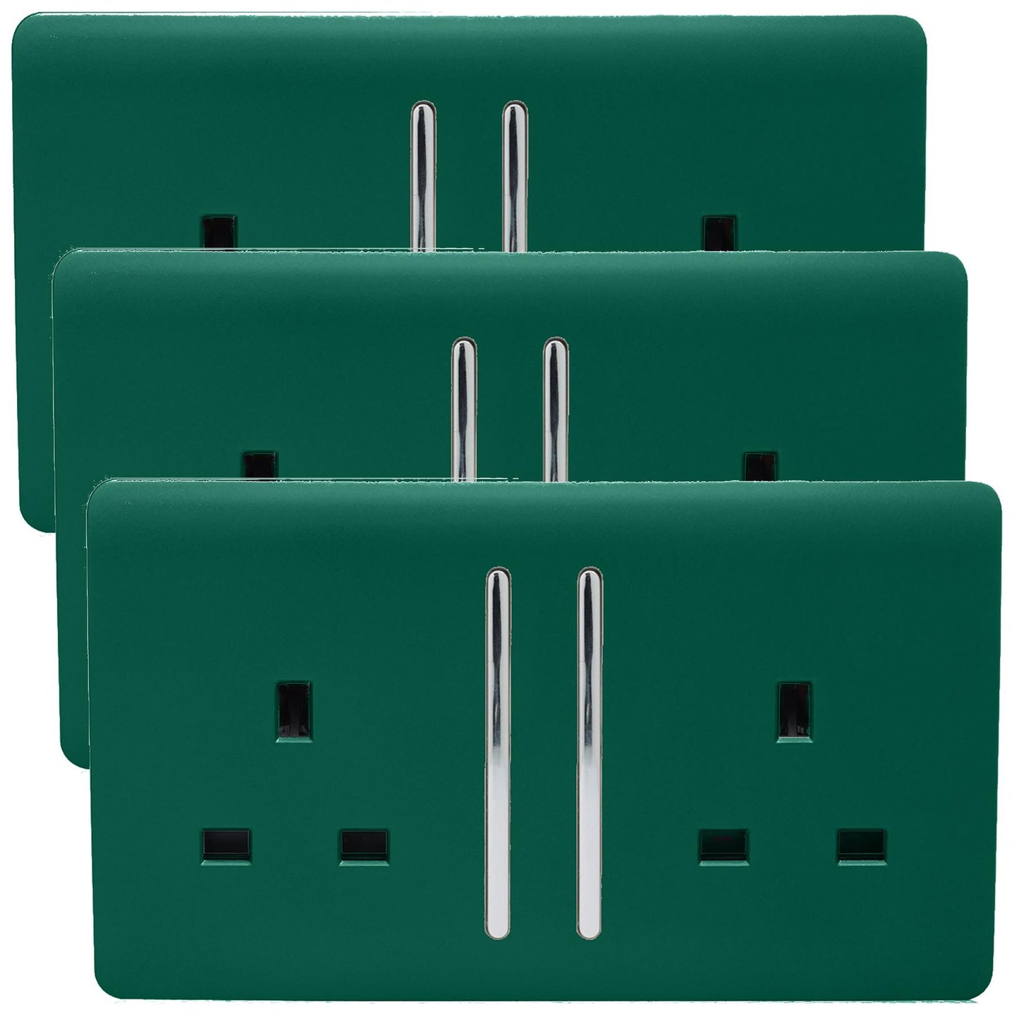 Trendi 2 Gang Artistic Modern Glossy 13 Amp Switched  Plug Socket Dark Green (3 Pack)