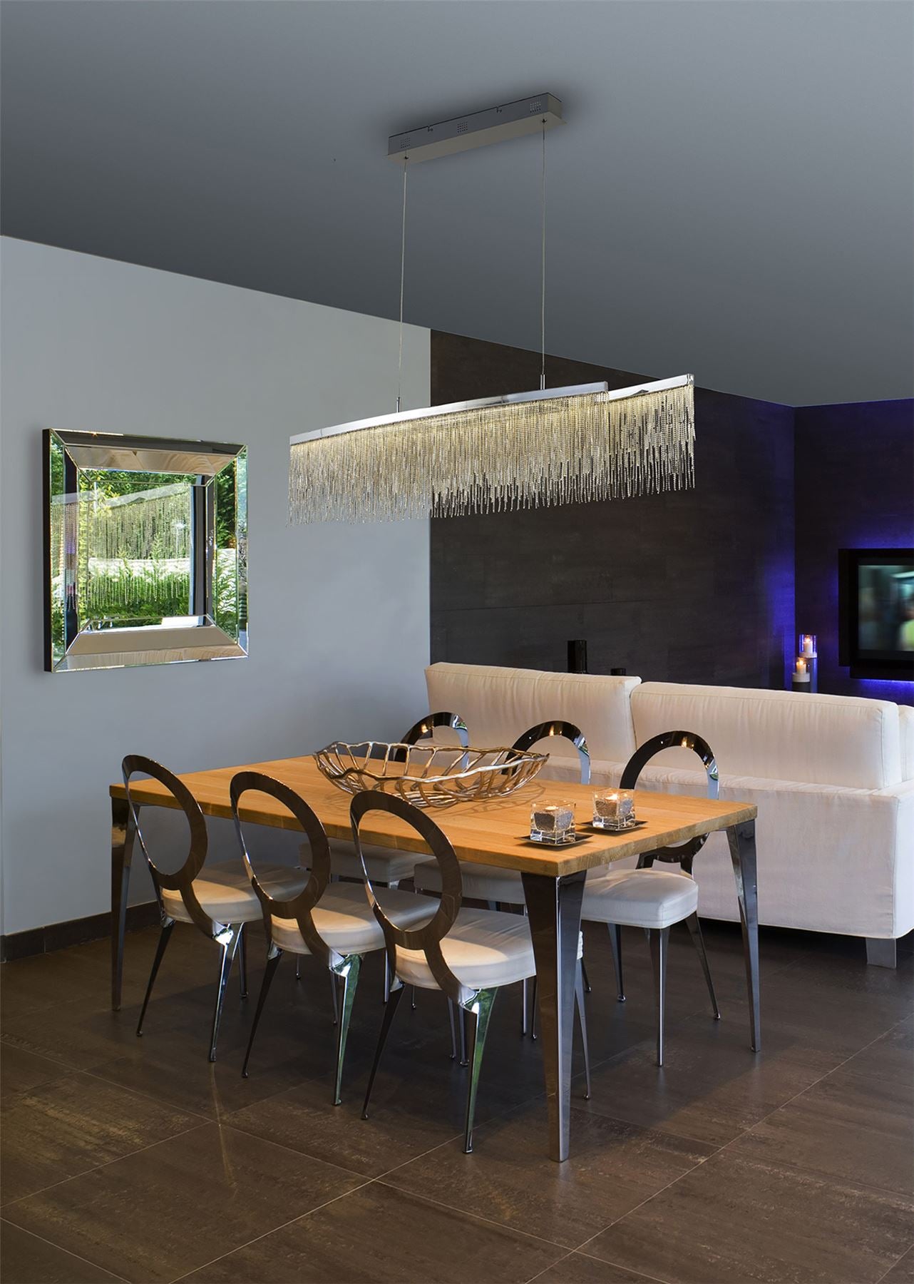 Mantra Fusion Fusion M6251 Cinna Linear Pendant 42W LED, 3000K, 4200lm, Polished Chrome/ Crystal Chain, 3yrs Warranty